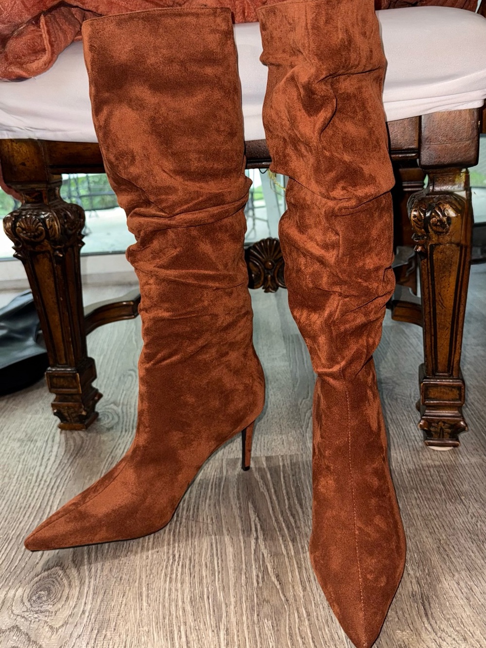 Pavetta Rust Suede under the knee  slouch  Pointed Stiletto Boots